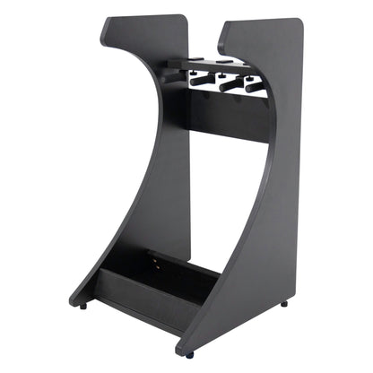 Elite Three guitar rack empty angled view showing black curved side panels, padded neck cradle pegs, and rubber feet, Gator