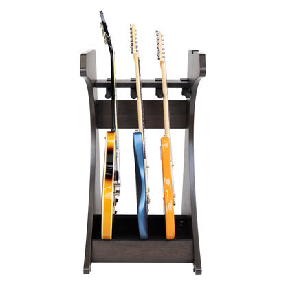 Elite Three guitar rack front view holding three electric guitars by their necks on padded yoke arms, brown finish, Gator
