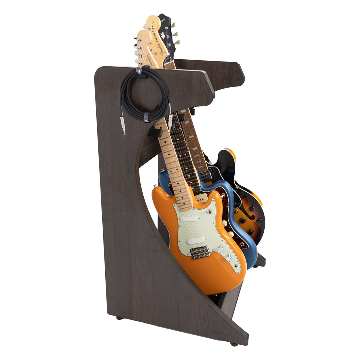 Elite Three guitar rack angled side view with three electric guitars loaded and a coiled instrument cable hanging on the side panel, brown finish, Gator