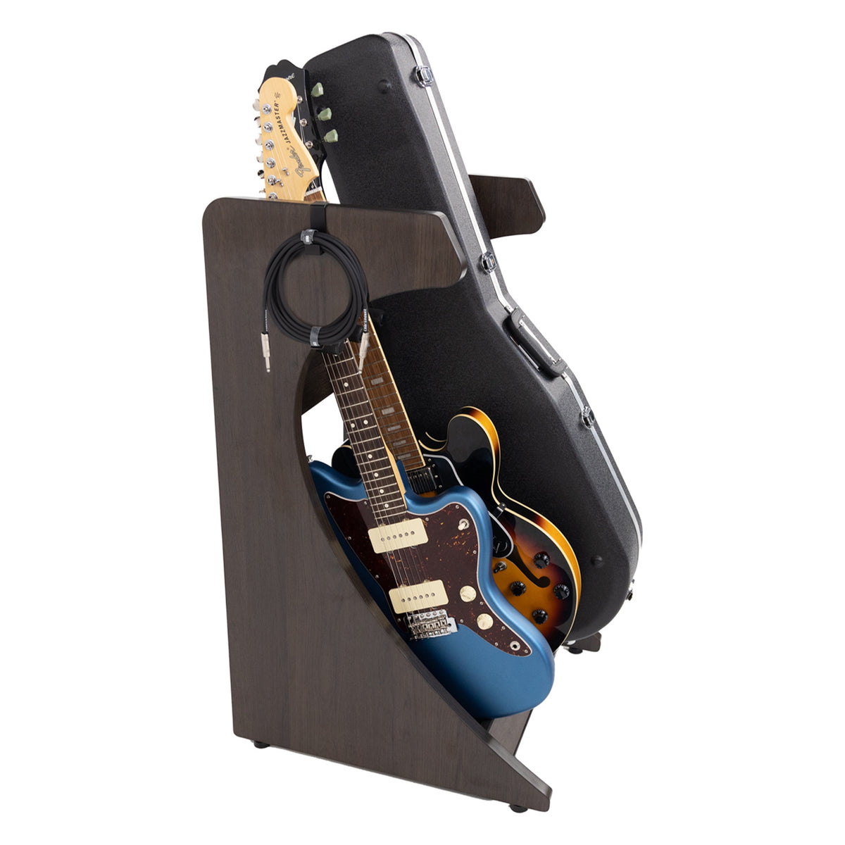 Elite Three guitar rack angled side view holding two guitars and a hardshell guitar case, with a coiled cable hung on the side panel, Gator