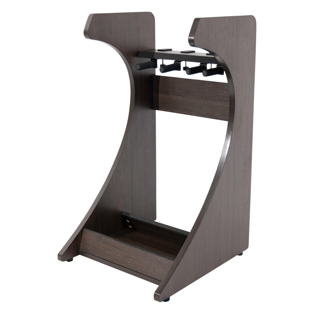 Elite Three guitar rack empty, angled view showing curved brown side panels, four padded neck yoke arms and open base tray, Gator