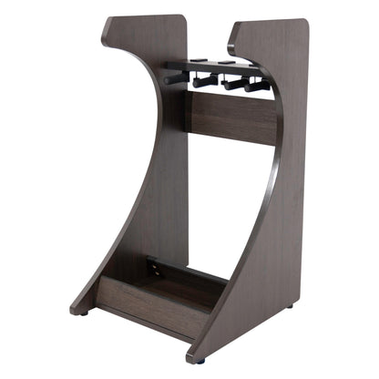 Elite Three guitar rack empty, angled view showing curved brown side panels, four padded neck yoke arms and open base tray, Gator