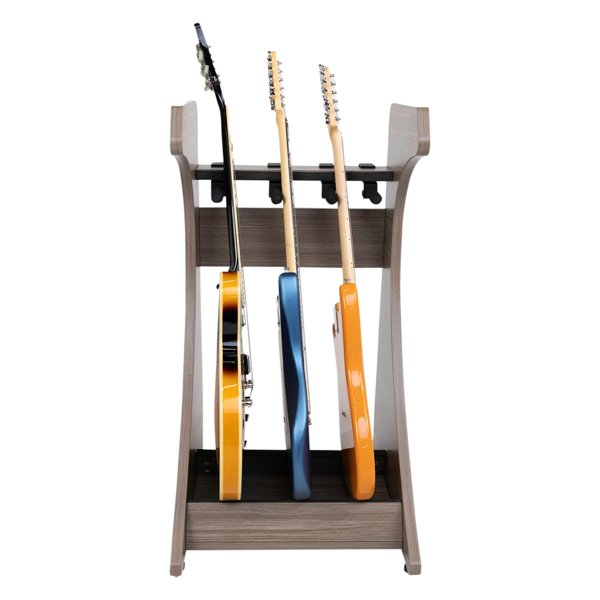 GFW-ELITEGTR3RK-GRY Elite Three guitar rack side view holding three electric guitars by their necks on padded hangers, Gator