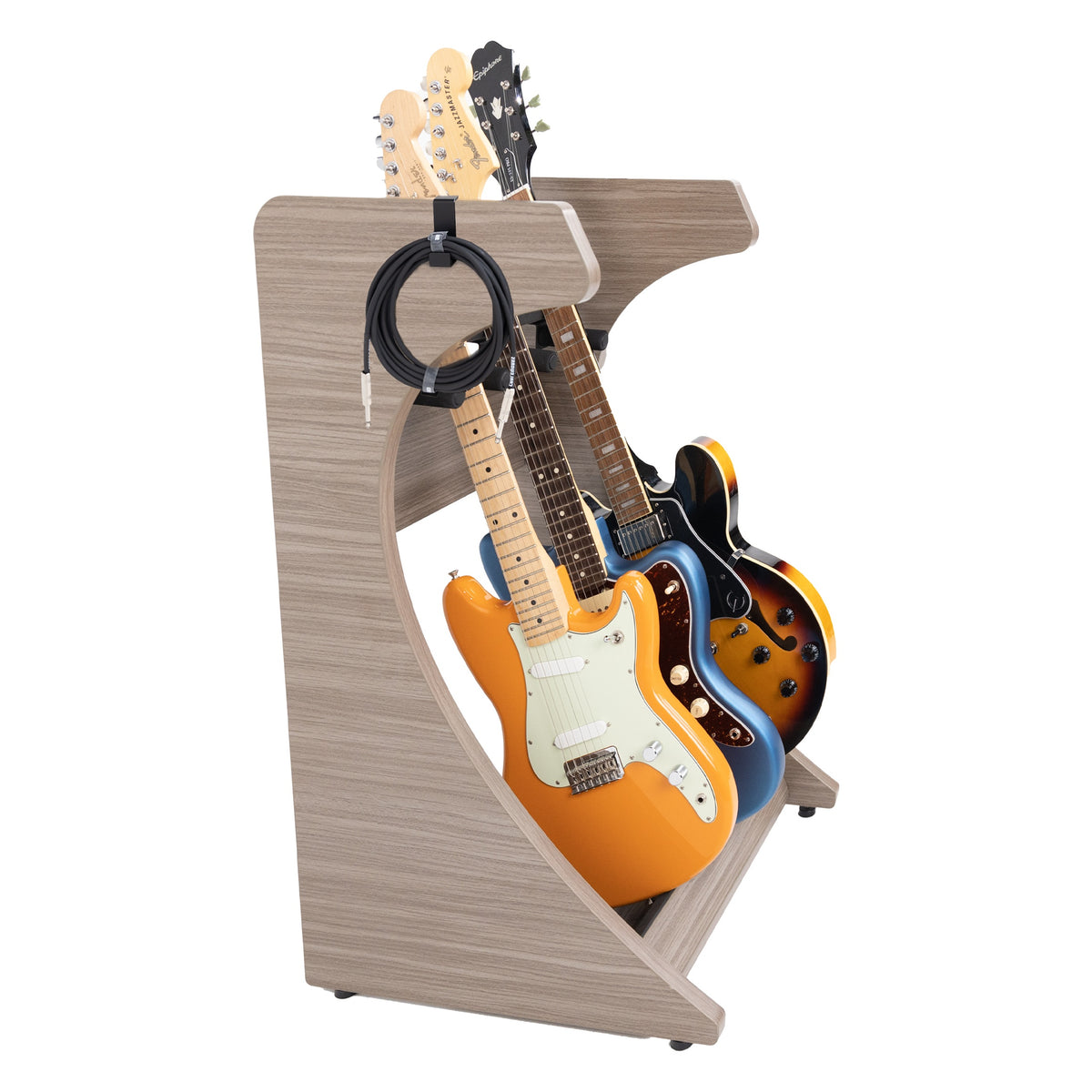 GFW-ELITEGTR3RK-GRY Elite Three guitar rack angled view with three electric guitars and a coiled instrument cable hung on the side cable hook, Gator