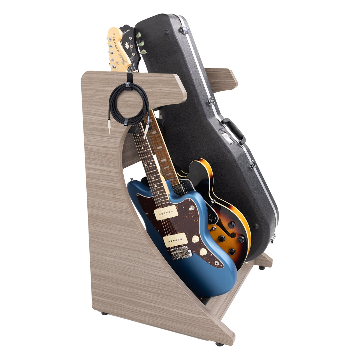 GFW-ELITEGTR3RK-GRY Elite Three guitar rack angled view with two guitars and a hardshell guitar case stored in the rack, Gator
