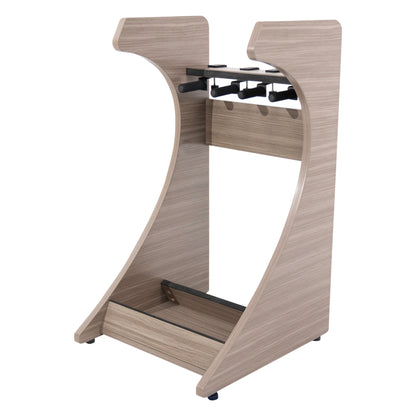 GFW-ELITEGTR3RK-GRY Elite Three guitar rack angled view empty, showing curved grey wood side panels, neck hanger bar and padded base tray, Gator