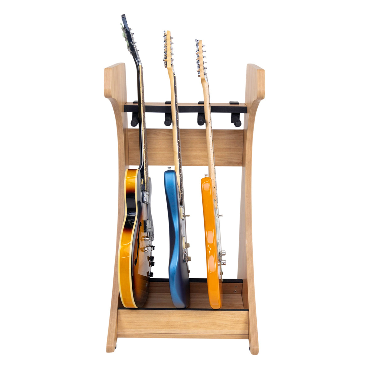 Elite Three guitar rack side view holding three electric guitars on padded neck yokes with curved maple frame, Gator