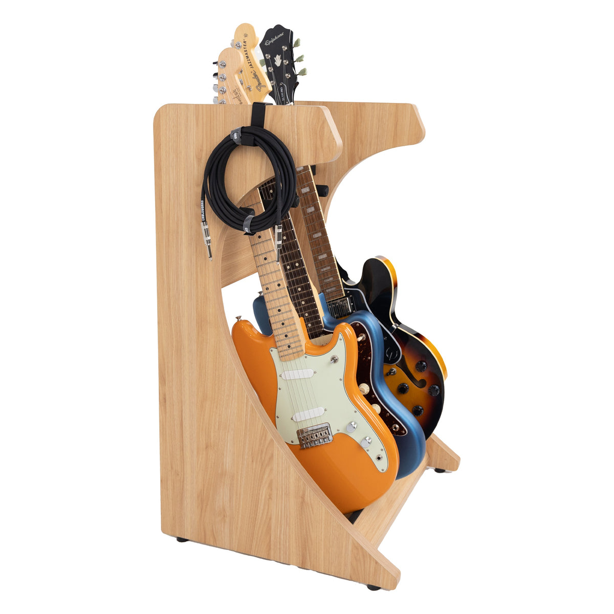 Elite Three guitar rack angled view loaded with electric guitars and a coiled instrument cable hung on the side panel strap, Gator