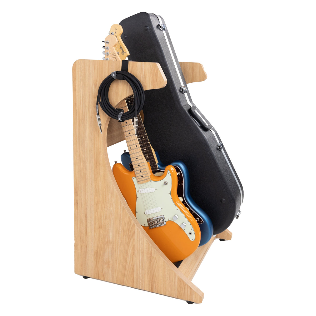 Elite Three guitar rack angled view holding two electric guitars alongside a black hardshell guitar case, Gator