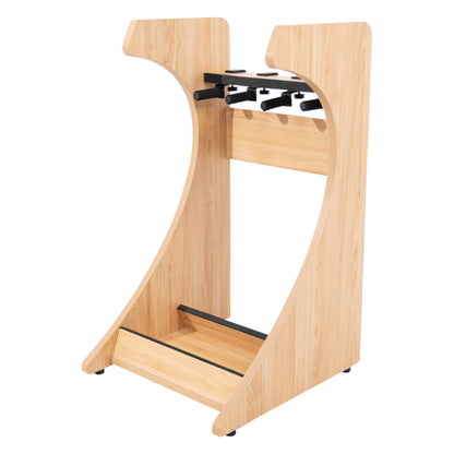 Elite Three guitar rack empty angled view showing maple side panels, black padded neck yokes and lined base tray, Gator