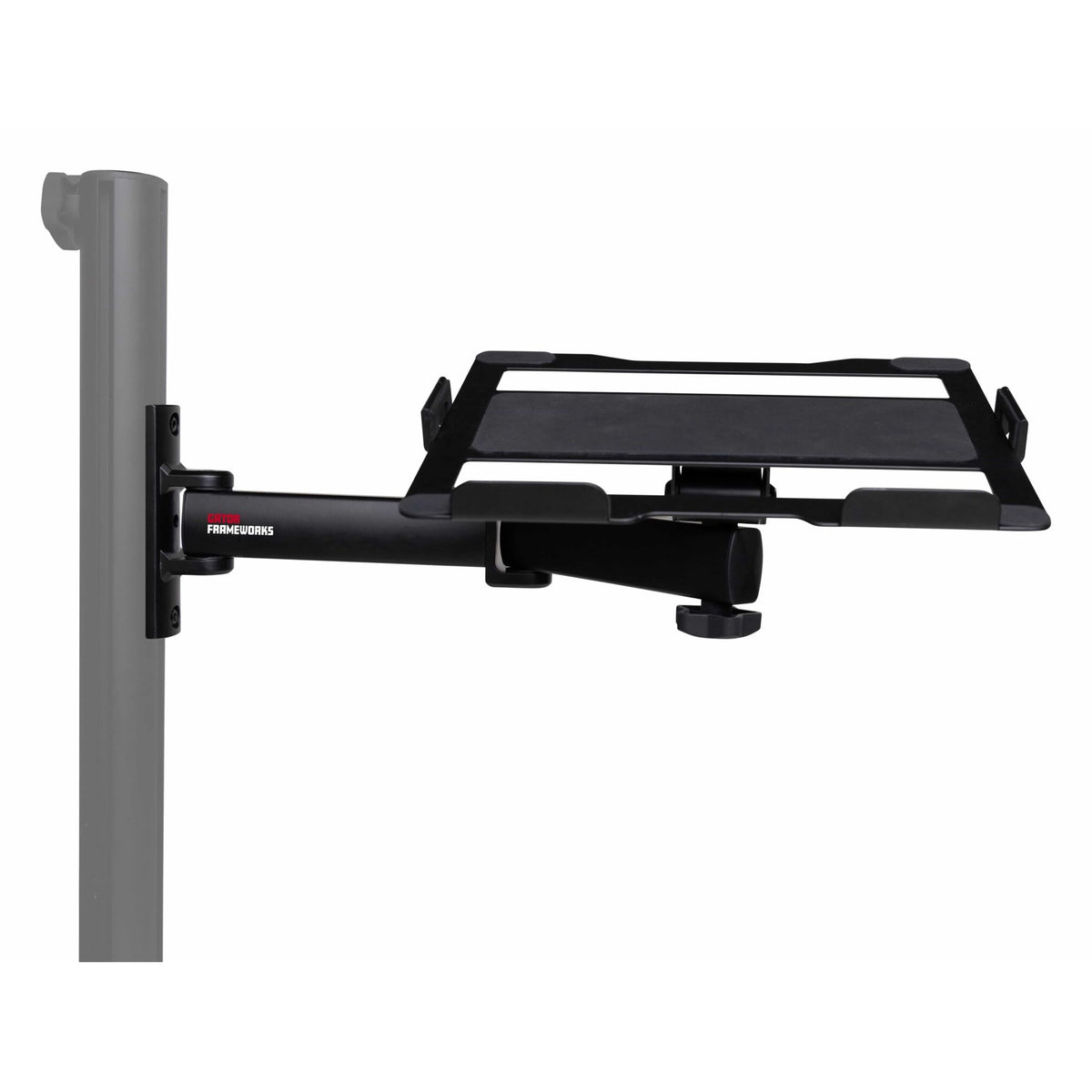 GFW-ID-CTLAPTRAY Creator Tree laptop tray front view mounted on a vertical pole with articulating arm and Frameworks logo, Gator