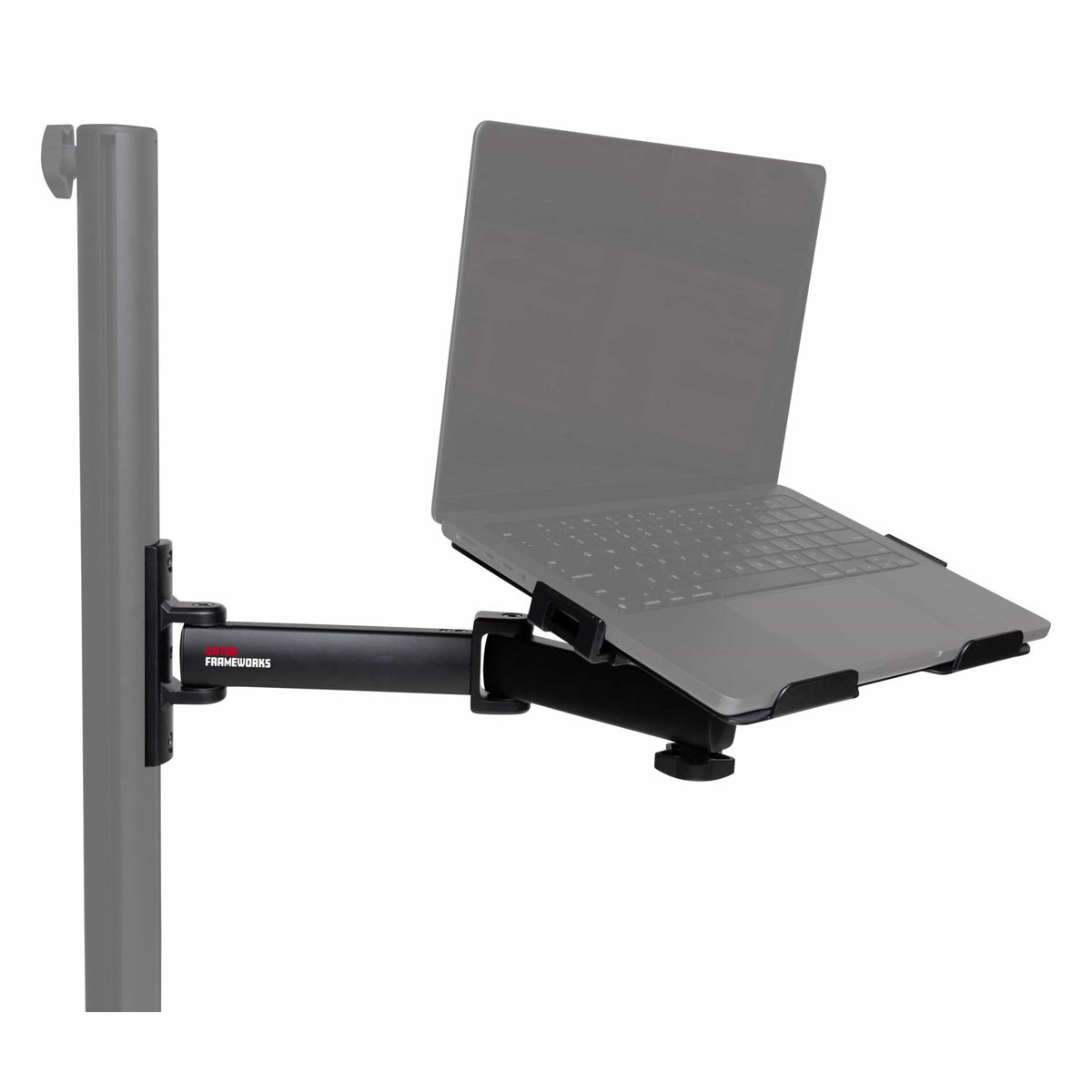 GFW-ID-CTLAPTRAY Creator Tree laptop tray in use holding a tilted laptop on a pole-mounted arm with retaining clips, Gator