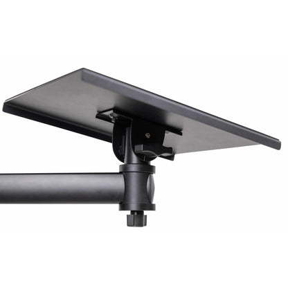 GFW-ID-CTSPKTRAY speaker platform underside view showing tilt bracket, locking knob and swivel clamp on the support arm, Gator