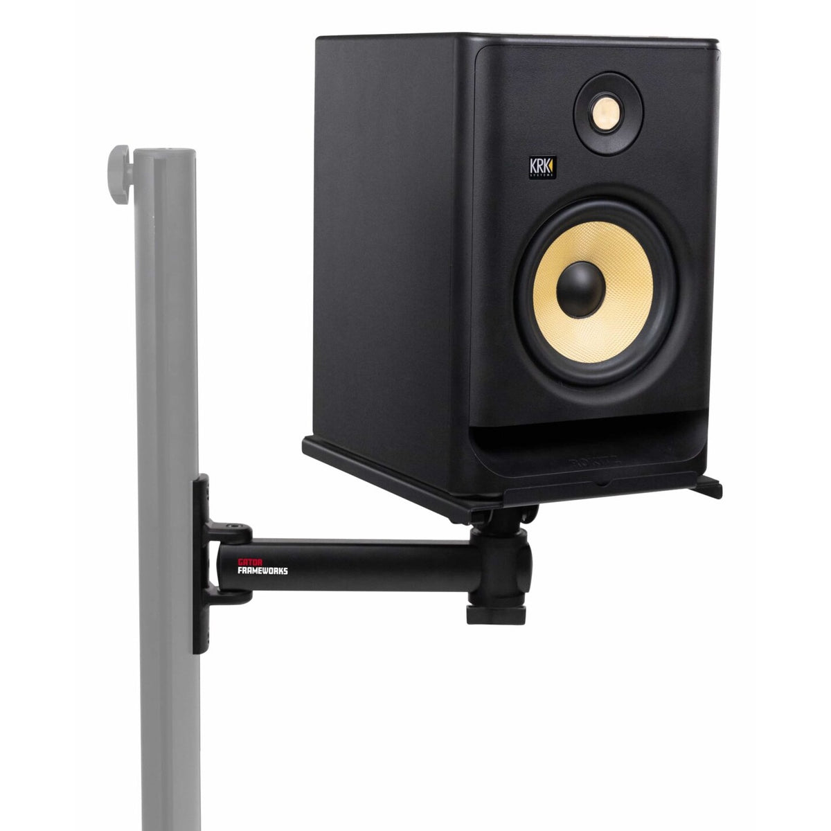 GFW-ID-CTSPKTRAY speaker platform mounted on a Creator Tree vertical pole via side arm, holding a KRK studio monitor, Gator