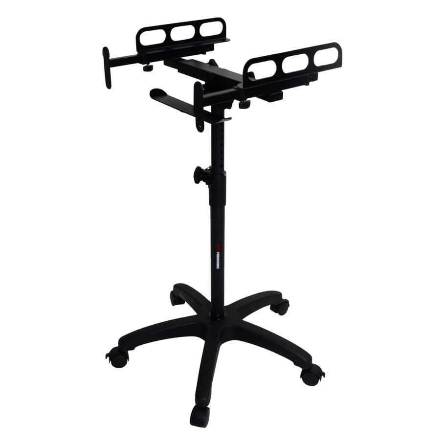 GFW-MIXERCART-0400 three-quarter view showing slotted side mixer trays, telescoping column with height lock knob and five-caster base, Gator