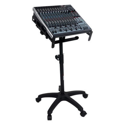 GFW-MIXERCART-0400 in use holding an angled analog mixing console on the tilted trays, raised on the height-adjustable column with rolling base, Gator