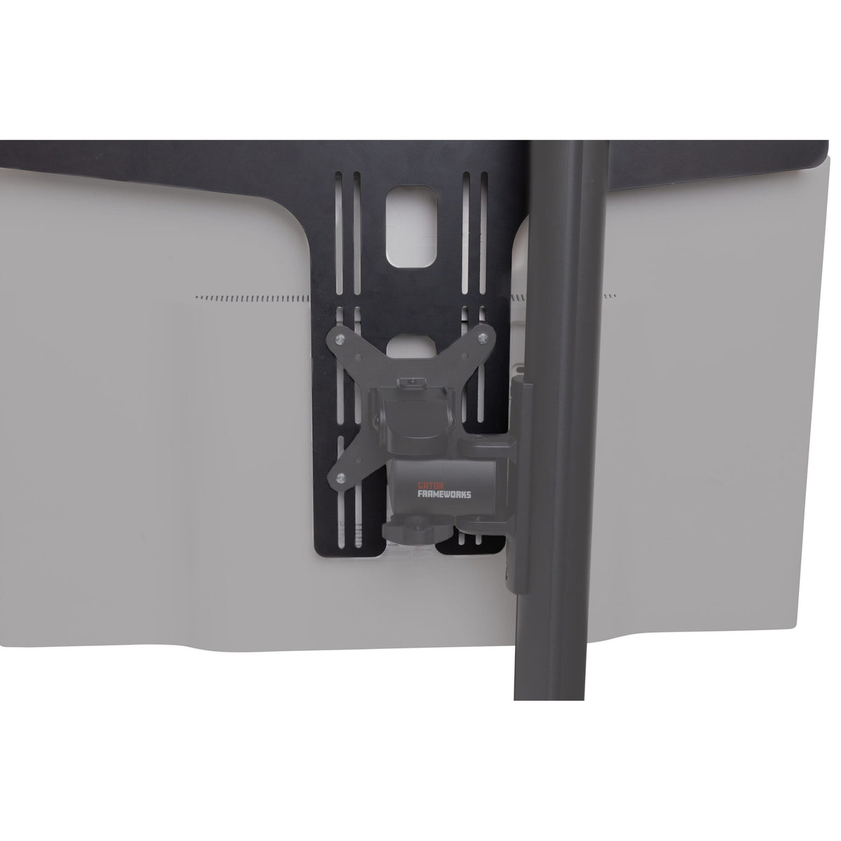 GFWMONITORSHELF rear view of black steel shelf bracket with slotted VESA mounting plate attached to a monitor back and Gator Frameworks pole arm, Gator