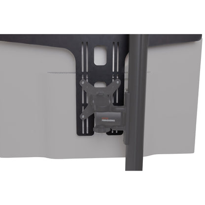 GFWMONITORSHELF rear view of black steel shelf bracket with slotted VESA mounting plate attached to a monitor back and Gator Frameworks pole arm, Gator
