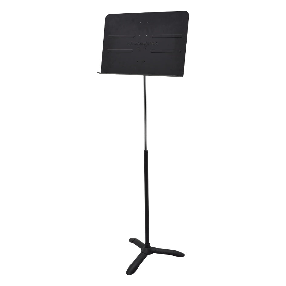 GFW-MUS-1001 sheet music stand front three-quarter view with black desk, Gatorframeworks logo and tripod base on a chrome upper shaft, Gator
