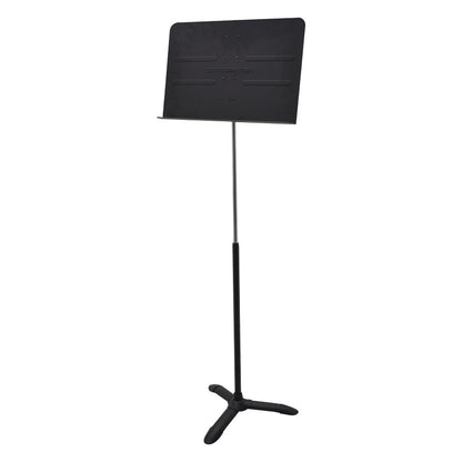 GFW-MUS-1001 sheet music stand front three-quarter view with black desk, Gatorframeworks logo and tripod base on a chrome upper shaft, Gator
