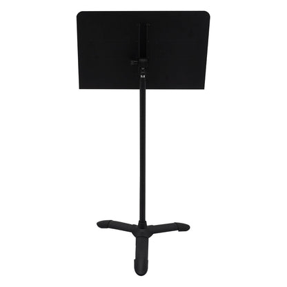 GFW-MUS-1001 sheet music stand rear view showing desk mounting bracket, tilt knob and black tripod base, Gator