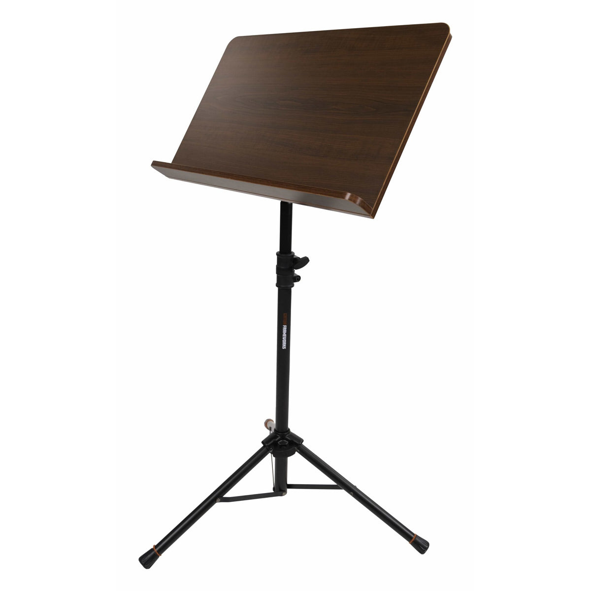 GFW-MUS-4000 wooden conductor music stand front view with walnut-finish desk and lip on black tripod base, Gator