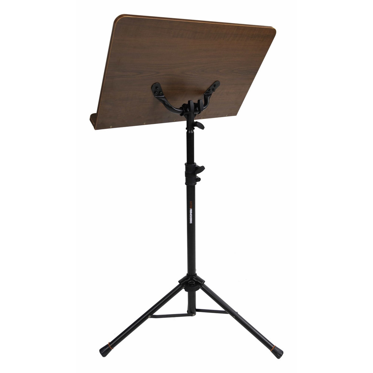 GFW-MUS-4000 wooden conductor music stand rear view showing curved black desk mounting bracket and height-adjust collar clamps, Gator