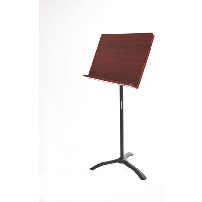 GFW-MUS-5000 wooden conductor music stand front three-quarter view with mahogany-finish desk and black tripod base, Gator