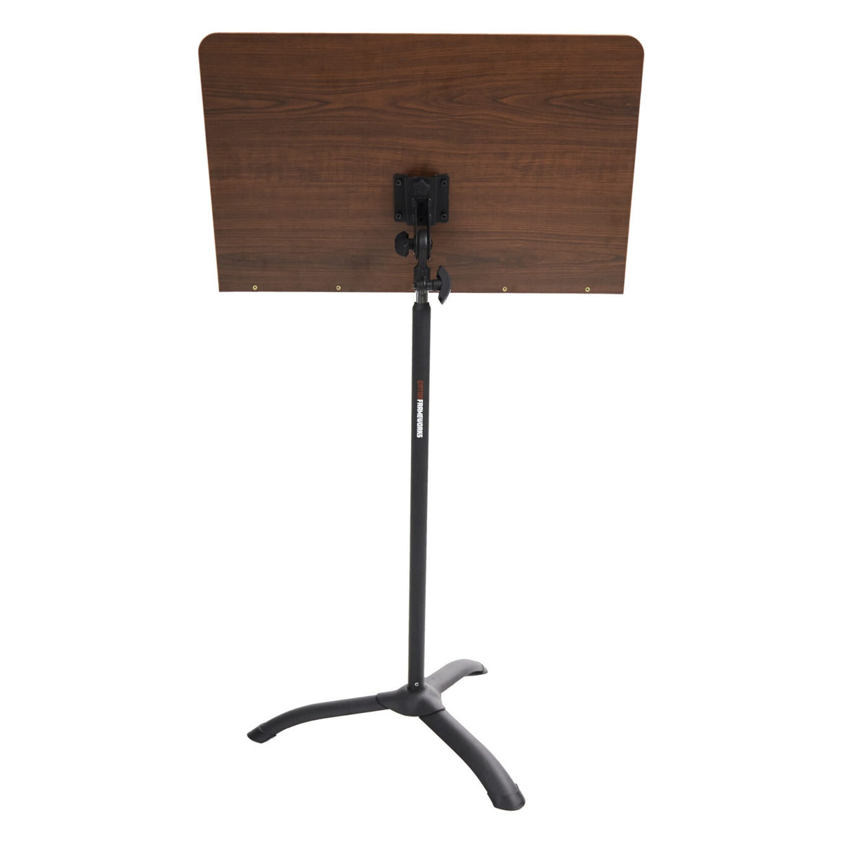 GFW-MUS-5000 wooden conductor music stand rear view showing desk mounting plate, tilt knobs and black tripod base, Gator