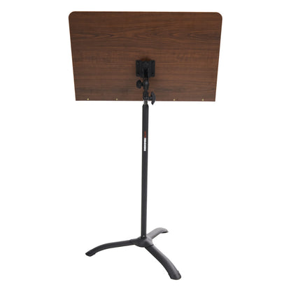 GFW-MUS-5000 wooden conductor music stand rear view showing desk mounting plate, tilt knobs and black tripod base, Gator