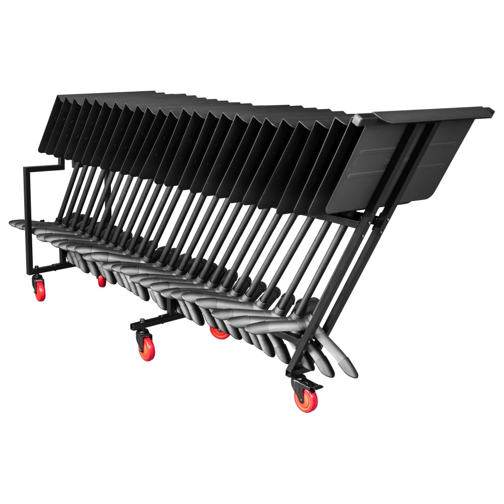 GFW-MUSSTD-CART25 sheet music stand cart rear three-quarter view loaded with a row of black stands and red-wheeled locking casters, Gator