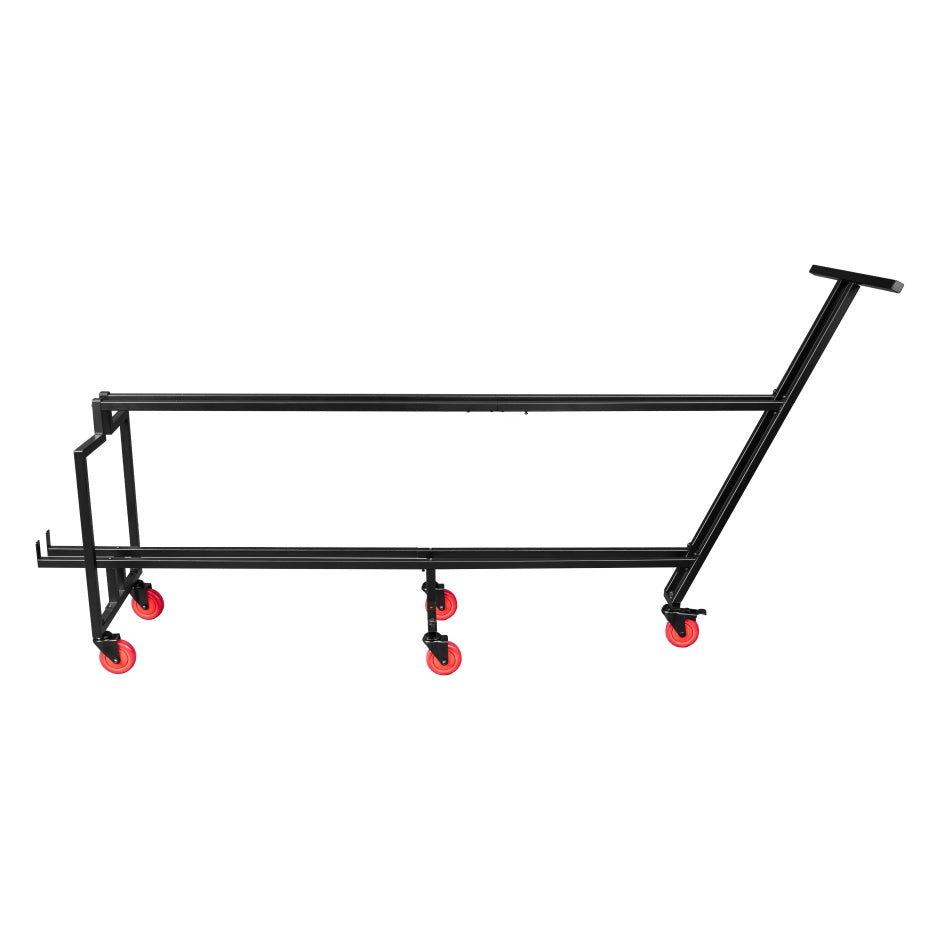 GFW-MUSSTD-CART25 empty cart frame side view showing black tubular steel rails, angled push handle and red casters, Gator