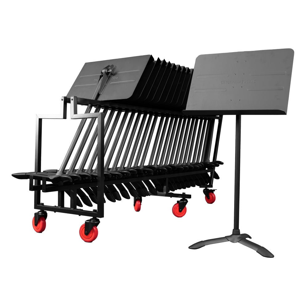 GFW-MUSSTD-CART25 front three-quarter view with stands loaded on the cart and one music stand standing beside it, Gator