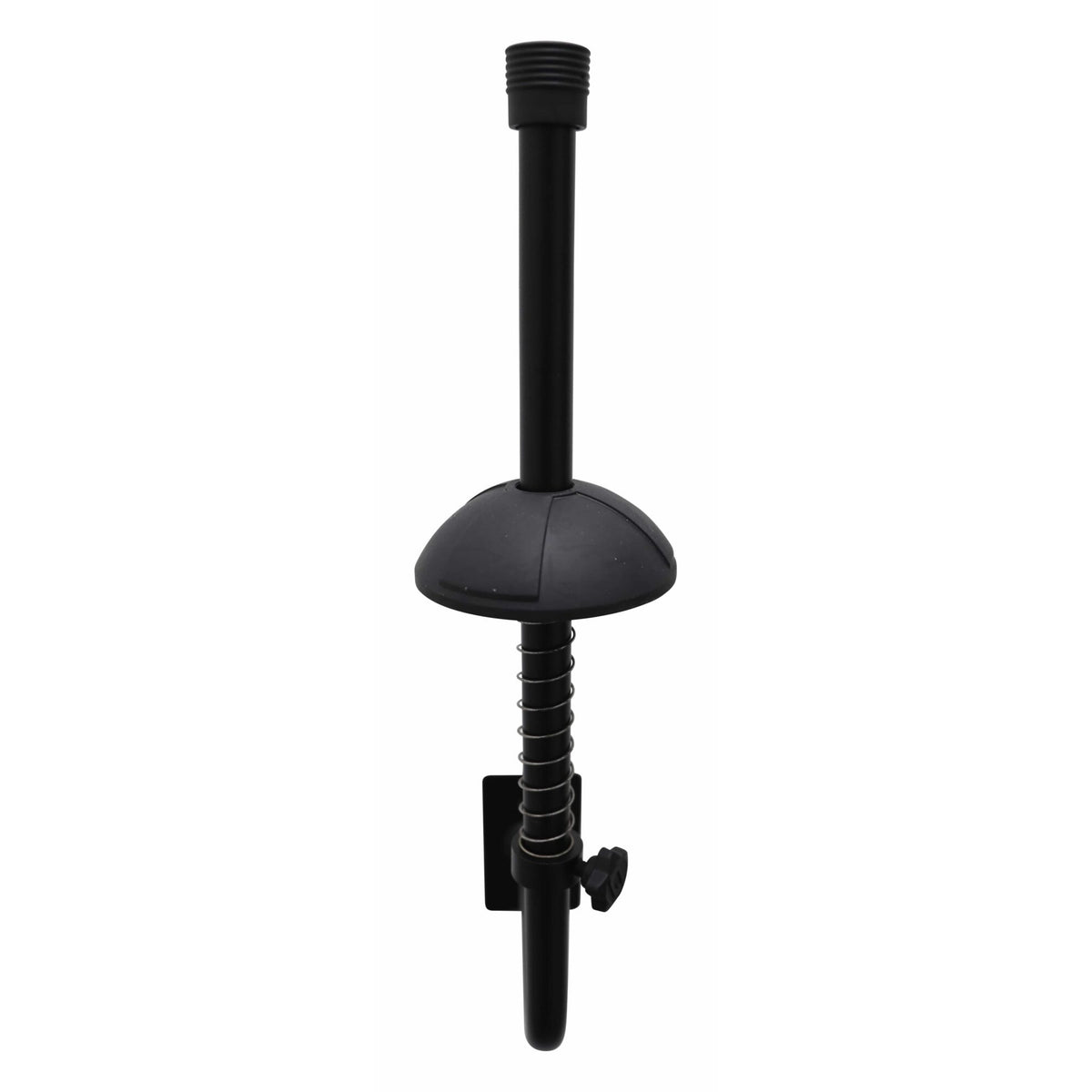 GFW-TBONEHNGR-BLK trombone wall hanger front view showing black rubber dome cradle, coiled spring and thumb-screw adjustment knob, Gator