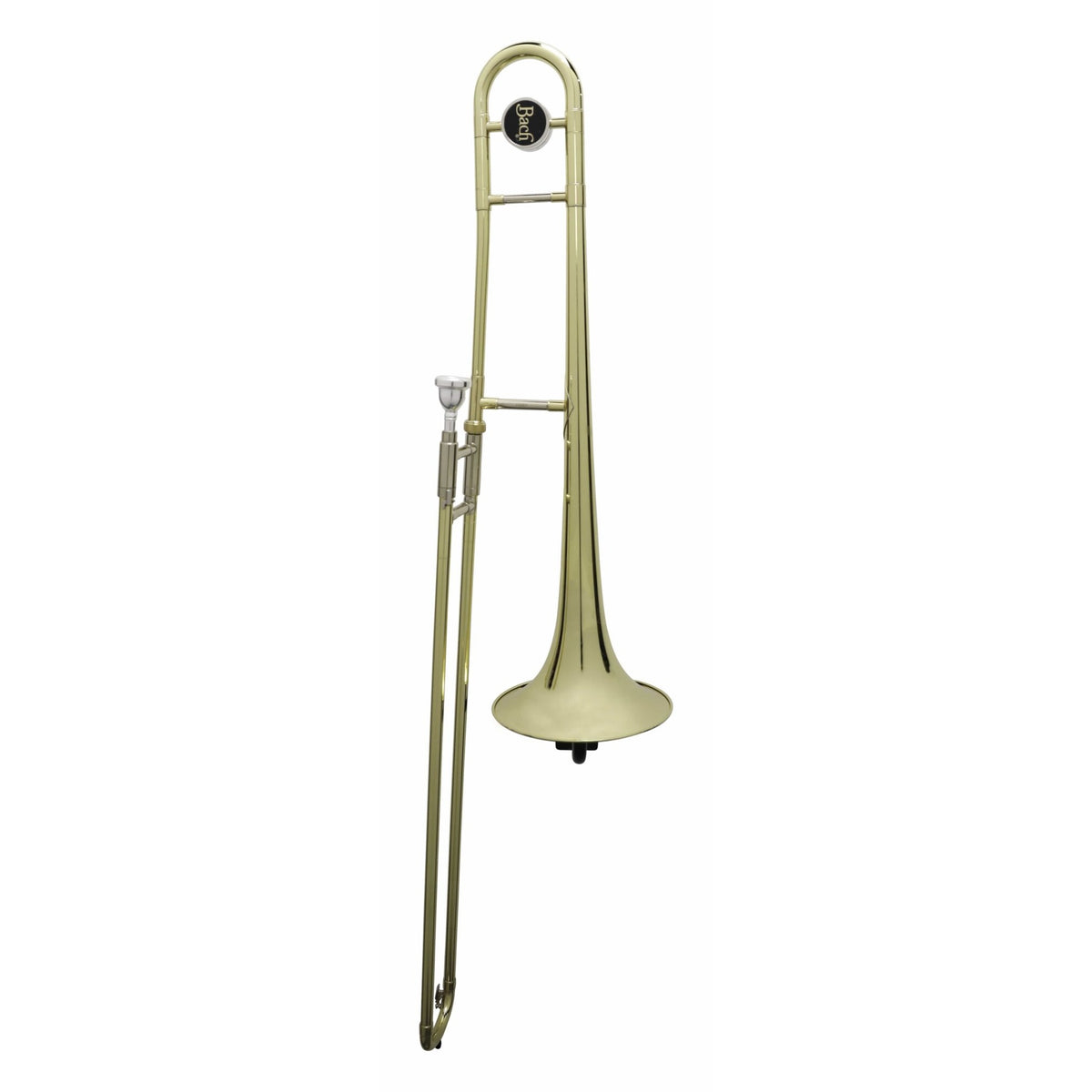 Brass Bach trombone with mouthpiece shown on white background for use with the GFW-TBONEHNGR-BLK wall hanger, Gator