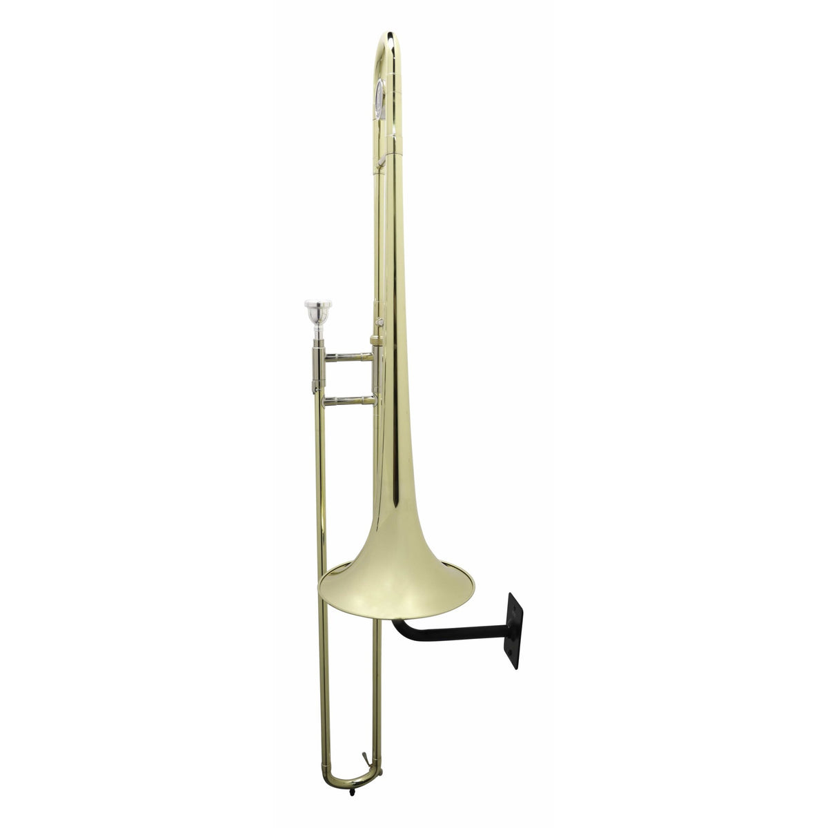 GFW-TBONEHNGR-BLK wall hanger supporting a brass trombone by the bell with the black arm and mounting plate visible, Gator