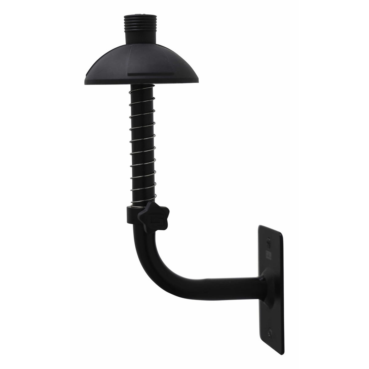 GFW-TRUMPETHNGR-BLK trumpet wall hanger side view showing black bell cradle cup, spring-wrapped adjustable post, star knob and curved arm to wall plate, Gator
