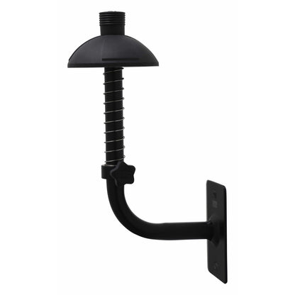 GFW-TRUMPETHNGR-BLK trumpet wall hanger side view showing black bell cradle cup, spring-wrapped adjustable post, star knob and curved arm to wall plate, Gator