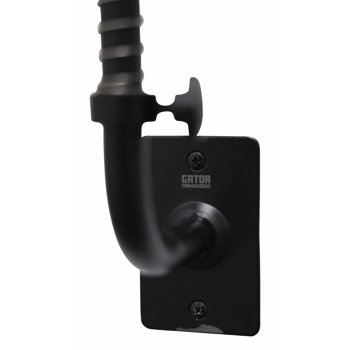 GFW-TRUMPETHNGR-BLK wall hanger mounting plate close-up showing two Phillips screws, Gator Frameworks logo and star locking knob, Gator