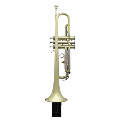 GFW-TRUMPETHNGR-BLK wall hanger in use holding a brass trumpet upright by the bell with mouthpiece on top, Gator