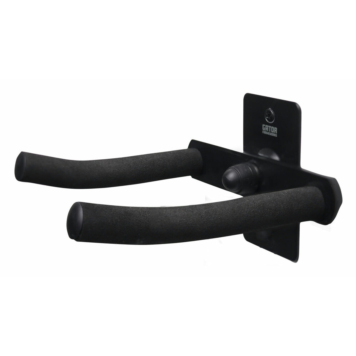 GFW-TRUMPETHNGR-H-BLK horizontal trumpet wall hanger angled view showing two curved foam-padded arms on a black steel mounting plate, Gator