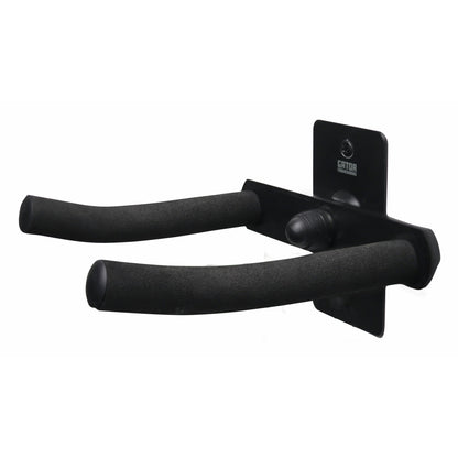 GFW-TRUMPETHNGR-H-BLK horizontal trumpet wall hanger angled view showing two curved foam-padded arms on a black steel mounting plate, Gator