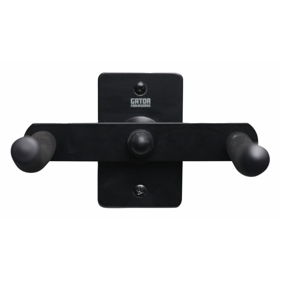 GFW-TRUMPETHNGR-H-BLK trumpet wall hanger head-on view showing Gator Frameworks logo on mounting plate with two screw holes and padded arm ends, Gator