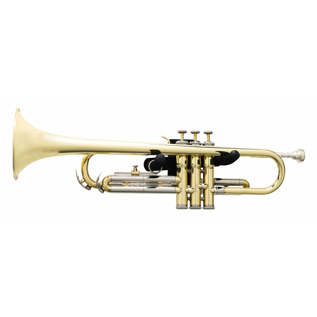 GFW-TRUMPETHNGR-H-BLK trumpet wall hanger in use holding a brass trumpet horizontally by its padded arms, Gator
