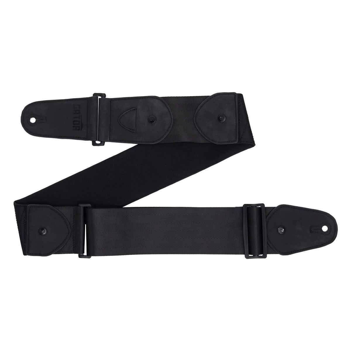 G-ICON-3INSTRAP-BLKL long guitar strap full view laid out in a Z-fold showing black seatbelt-style webbing, leather end tabs and slide adjusters, Gator