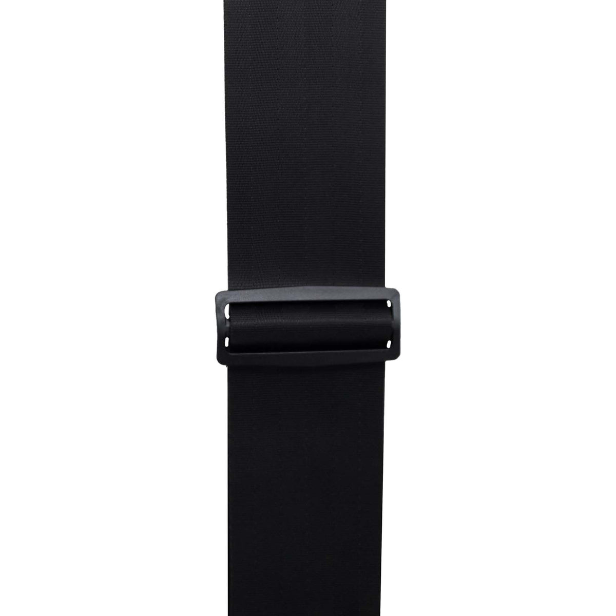 G-ICON-3INSTRAP-BLKL guitar strap length adjuster detail showing black slide buckle on wide black webbing, Gator