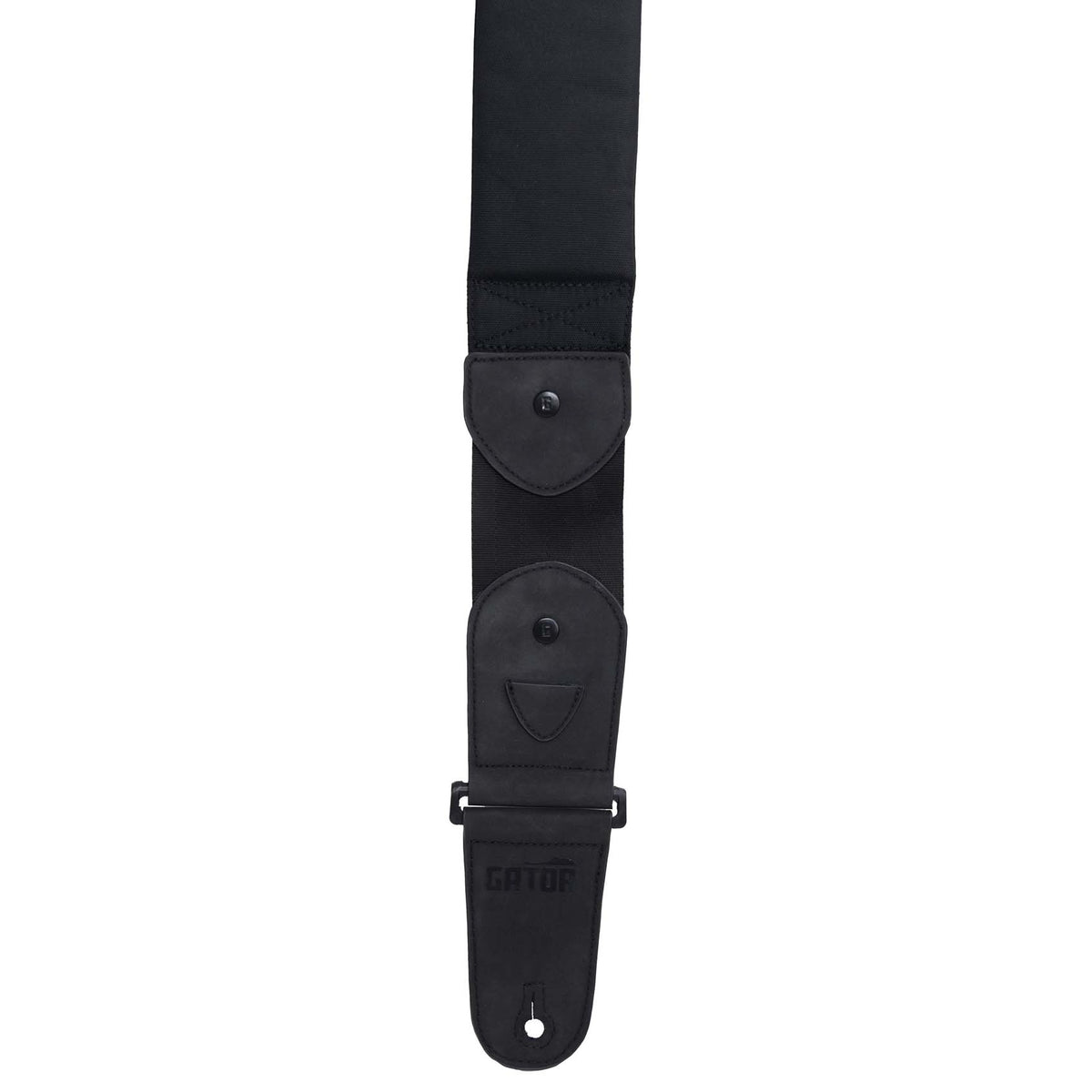 G-ICON-3INSTRAP-BLKL guitar strap end detail showing black leather tab with embossed Gator logo, snap fasteners and strap-button hole, Gator
