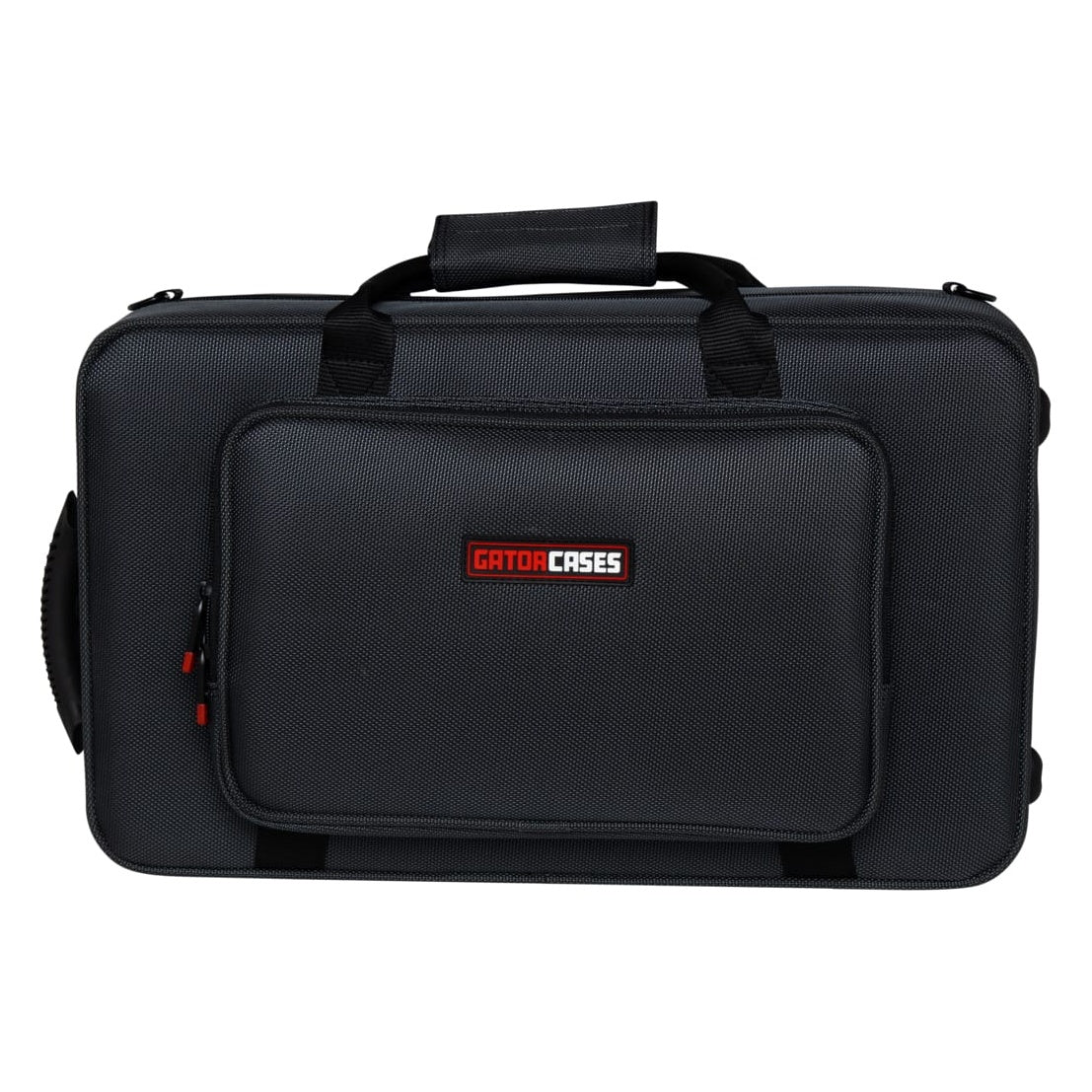 GL-CORNET-23 cornet case front view with zippered accessory pocket, red-tipped zipper pulls and padded top carry handle, Gator