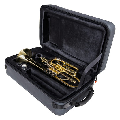 GL-CORNET-23 cornet case open showing brass cornet and mouthpiece secured in plush black-lined interior with retaining strap, Gator