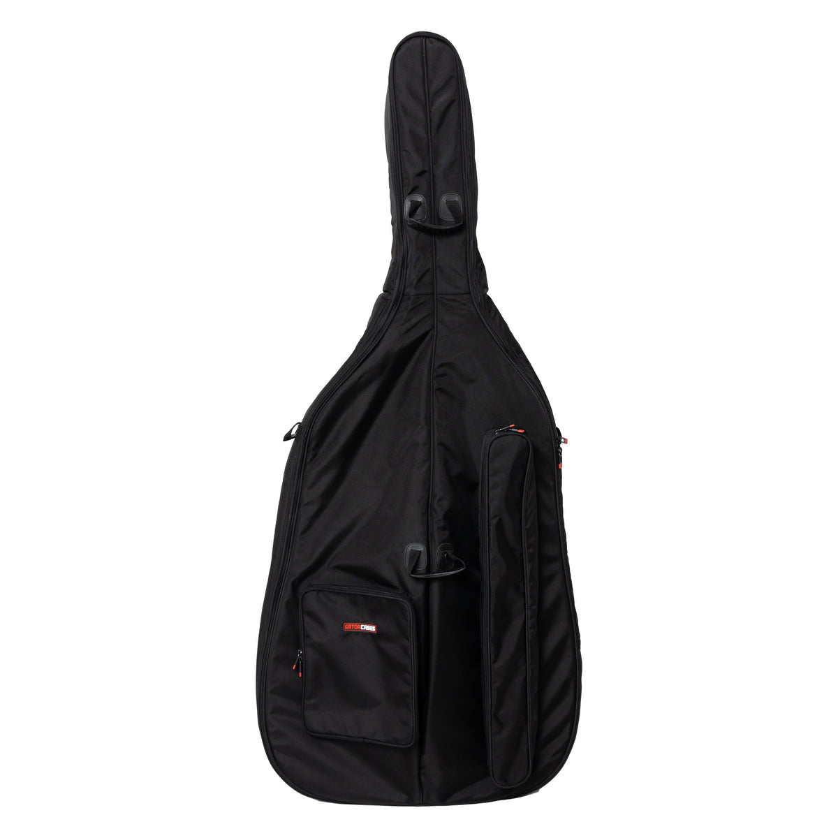 GOPB-BASS12 1/2 double bass bag front view showing lower zippered pocket with Gator Cases logo patch, long side accessory pocket and padded carry handles, Gator